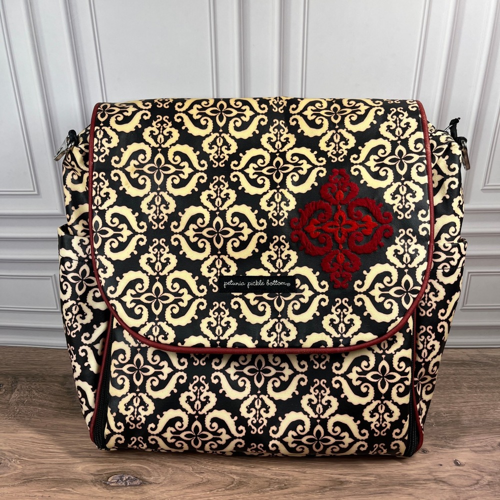 Petunia Pickle Bottom Diaper Bag Boxy Backpack Black Cream Damask Red Medallion
